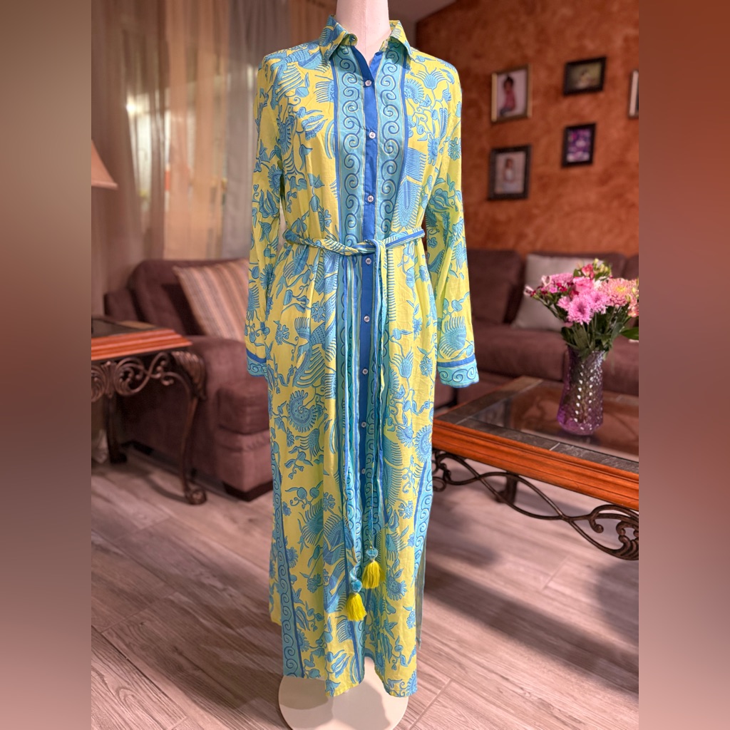 Vibrant Long Sleeve Maxi Dress In Blue And Yellow